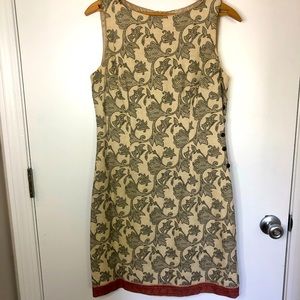 Sleeveless Linen Blend paisley printed cream and brown dress